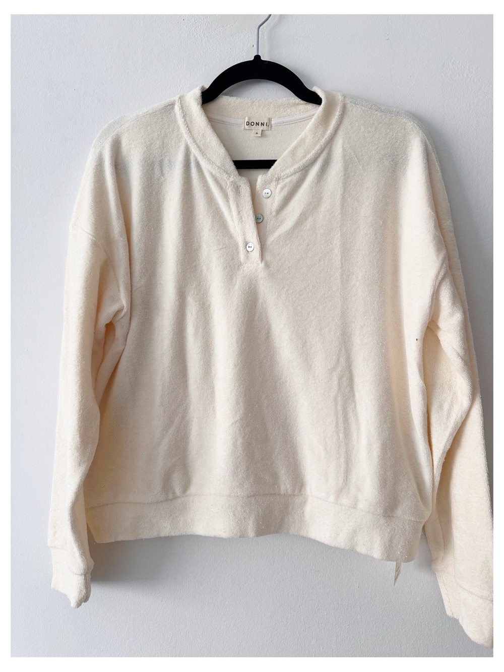 Donni.  Terry cloth Henley three button sweatshirt ivory size small